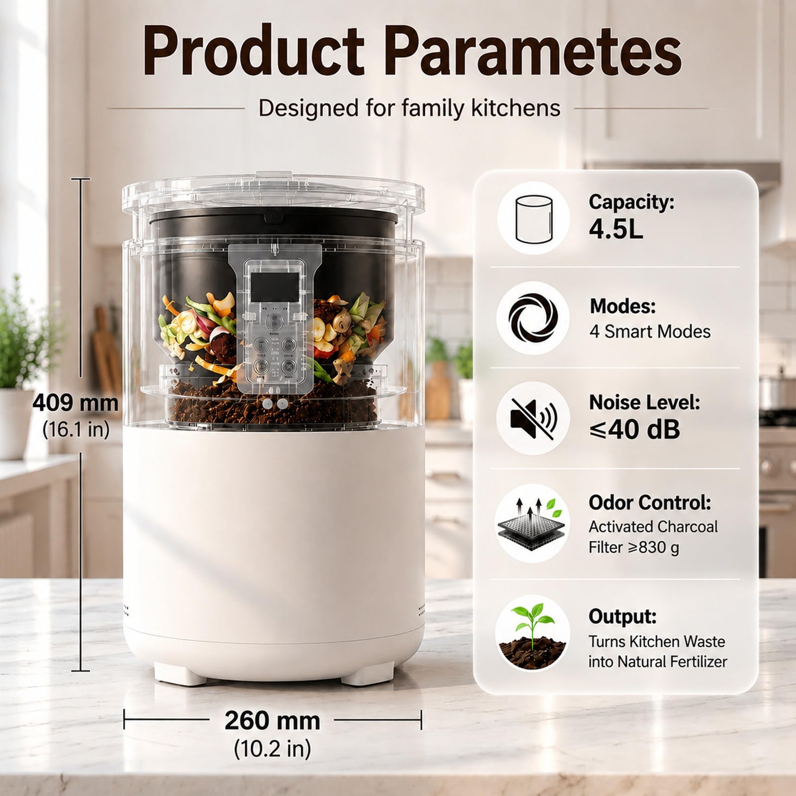 MIAOXIAOLONG Compostador Eléctrico 220 V, Cubo para Residuos En Encimera | Reciclador De Alimentos 4.5L, 1 Botón Para Compostar, Cubo De Compostaje Fácil De Limpiar, Bajo Ruido, Sin Olor, Blanco