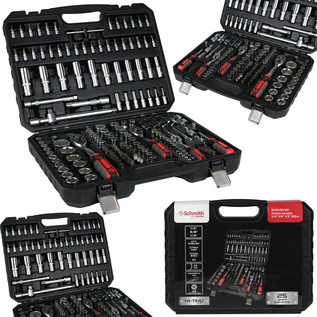 Kit d'Outils dans une Malette - Clé à Douille, Embouts, Cliquet 72 Dents et Accessoires - 1/4” 1/2” 3/8" - Coffret de Douilles - 182 Pièces