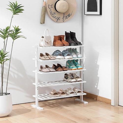 Zapatero blanco, organizador de zapatos de bambú de 5 niveles para armario y entrada, estante de zapatos de madera gruesa para espacios pequeños,