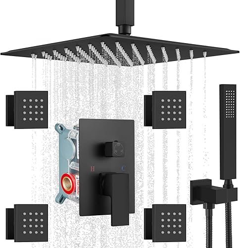 gotonovo Juego de grifo de ducha mezclador de lluvia montado en el techo, cabezal de ducha cuadrado de 12 pulgadas con 4 chorros rociadores