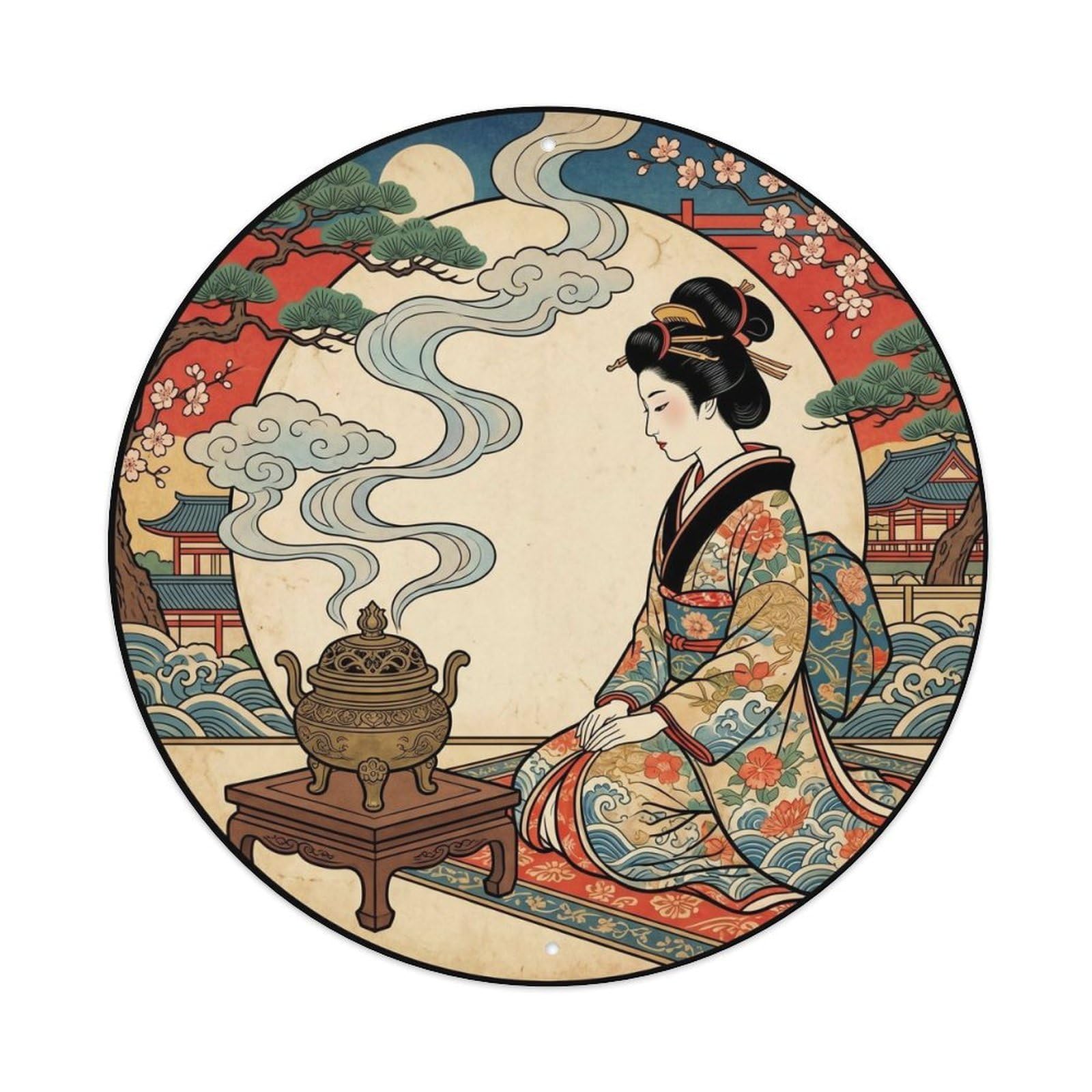 Galvaxio Style Japanese Kimono Woman Observing Incense Burner Smoke Rising Metal Tin Sign