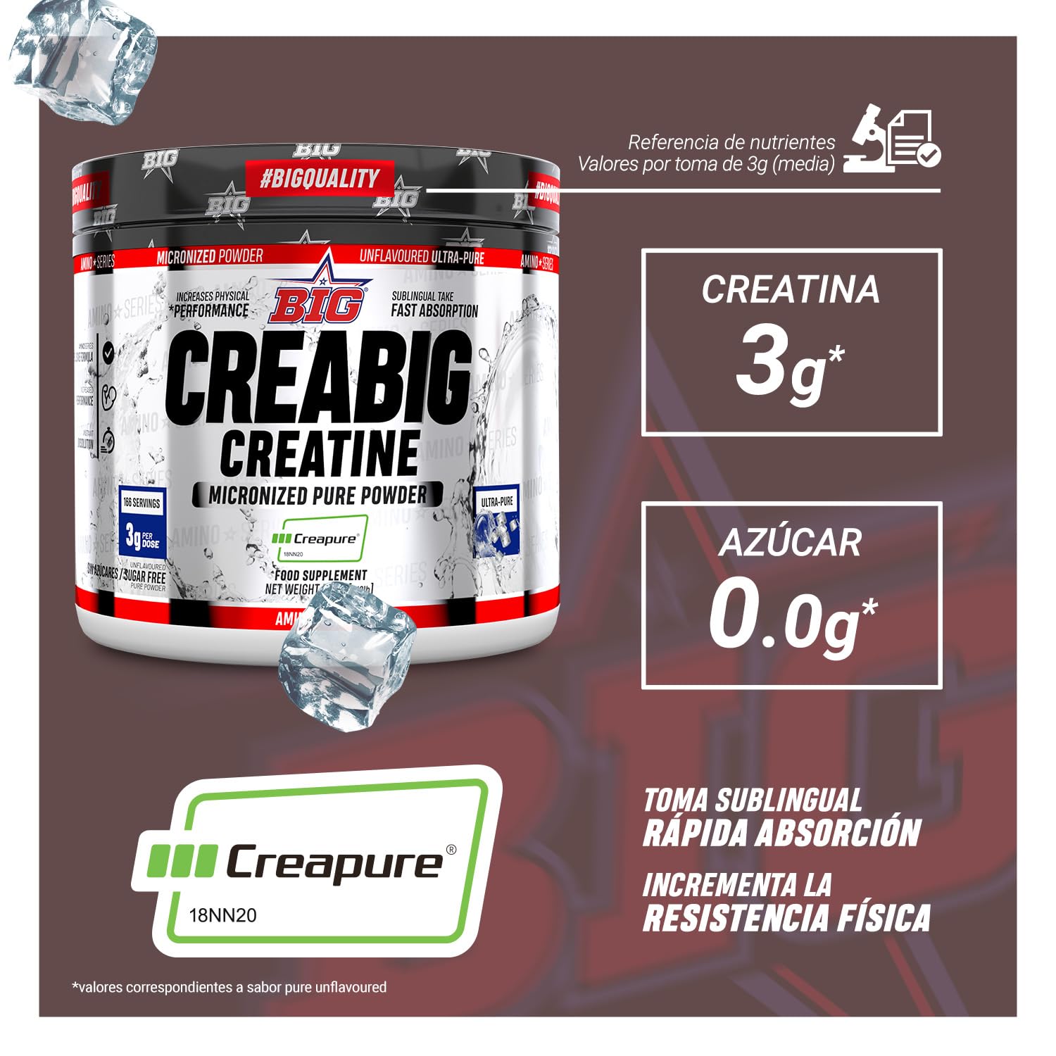 BIG - Creatina Creapure ® - Creatina Monohidratada Creapure, Rendimiento Físico y Recuperación - Materia Prima Premium - Monohidrato de Creatina de Rápida Absorción, Vegana (250g, Ultra Pure (neutro)