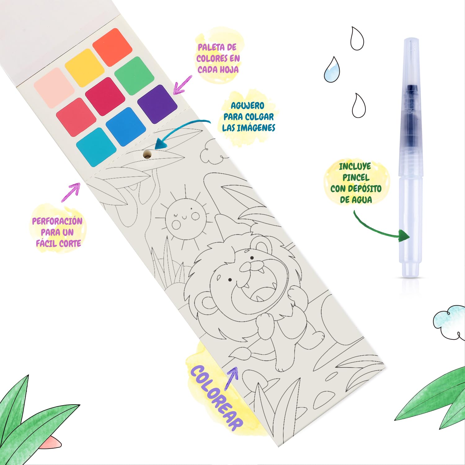 Festicy Libro para colorear de acuarela con pincel de depósito de agua, edición 2025, 25 páginas, ideal para viajes y vacaciones