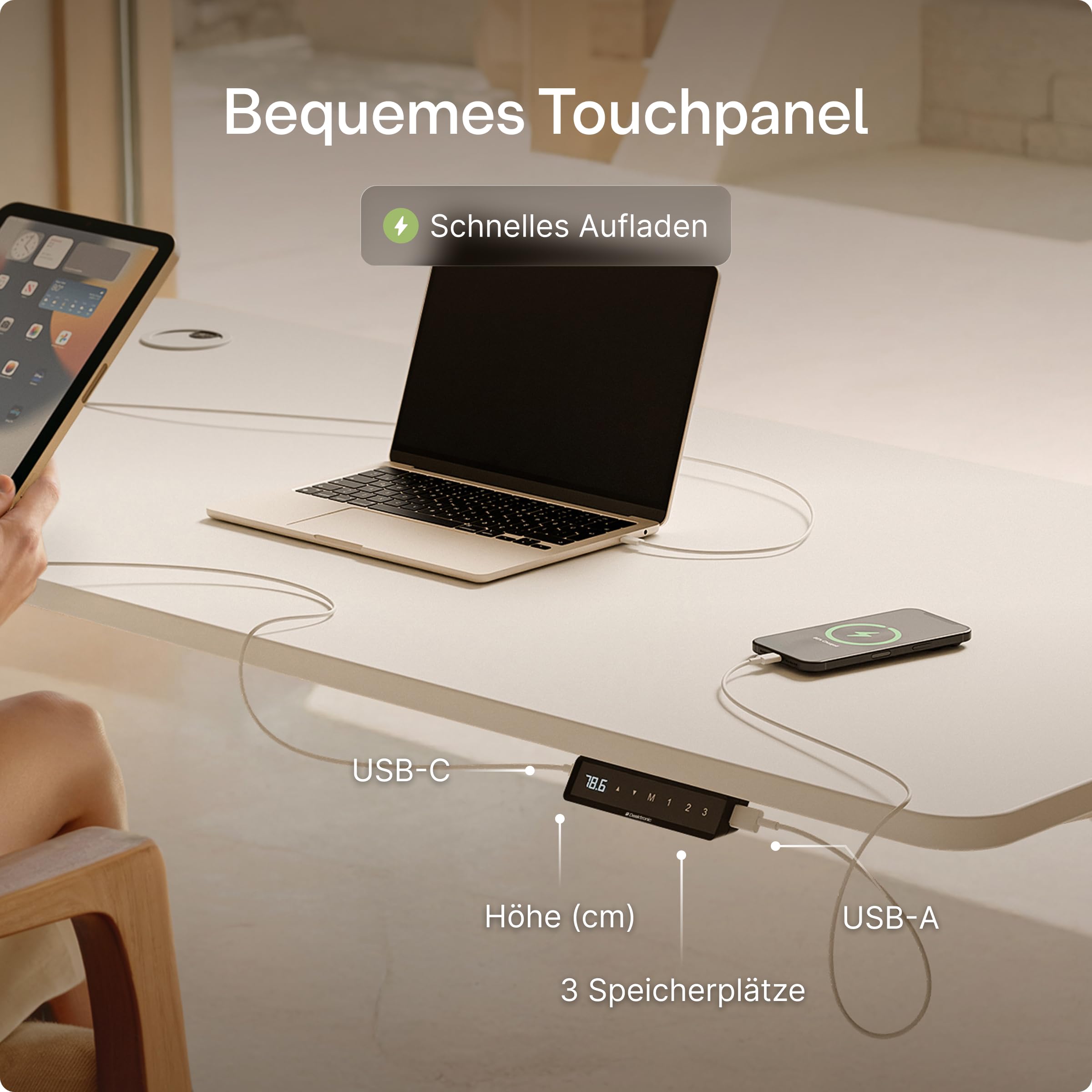 Desktronic HomePro Höhenverstellbarer Schreibtisch 120 × 60 cm – Elektrischer Schreibtisch Mit Zwei Elektrischen Motoren, Touchscreen-Steuerung und Integrierten USB-A- und USB-C-Ladeanschlüssen