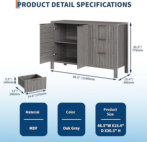Miniatura 2 de Aparador de bufé acanalado de 46.5 pulgadas, armario de almacenamiento moderno con 2 puertas, 3 cajones y estante ajustable, mesa de consola