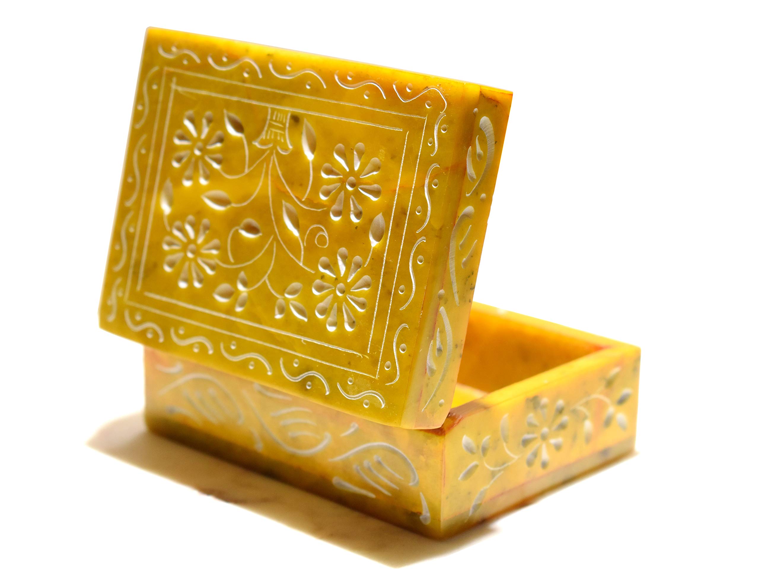 MARBOGLASS India Marble Storage Box for Home and Office Purpose Floral Carving Decorative Box for Jewellery/Trinket Ornament Box/Gift Holder with Traditional Design (Size-4X3inch) (Yellow)-image-45