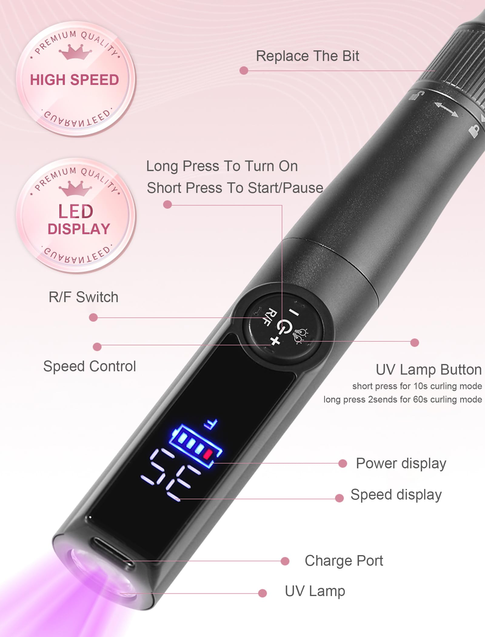 Trapano elettrico senza fili con lampada per unghie, kit di lime per unghie 2 in 1, 35000 giri/min, professionale, portatile, ricaricabile, per rimozione gel acrilico e manicure e pedicure