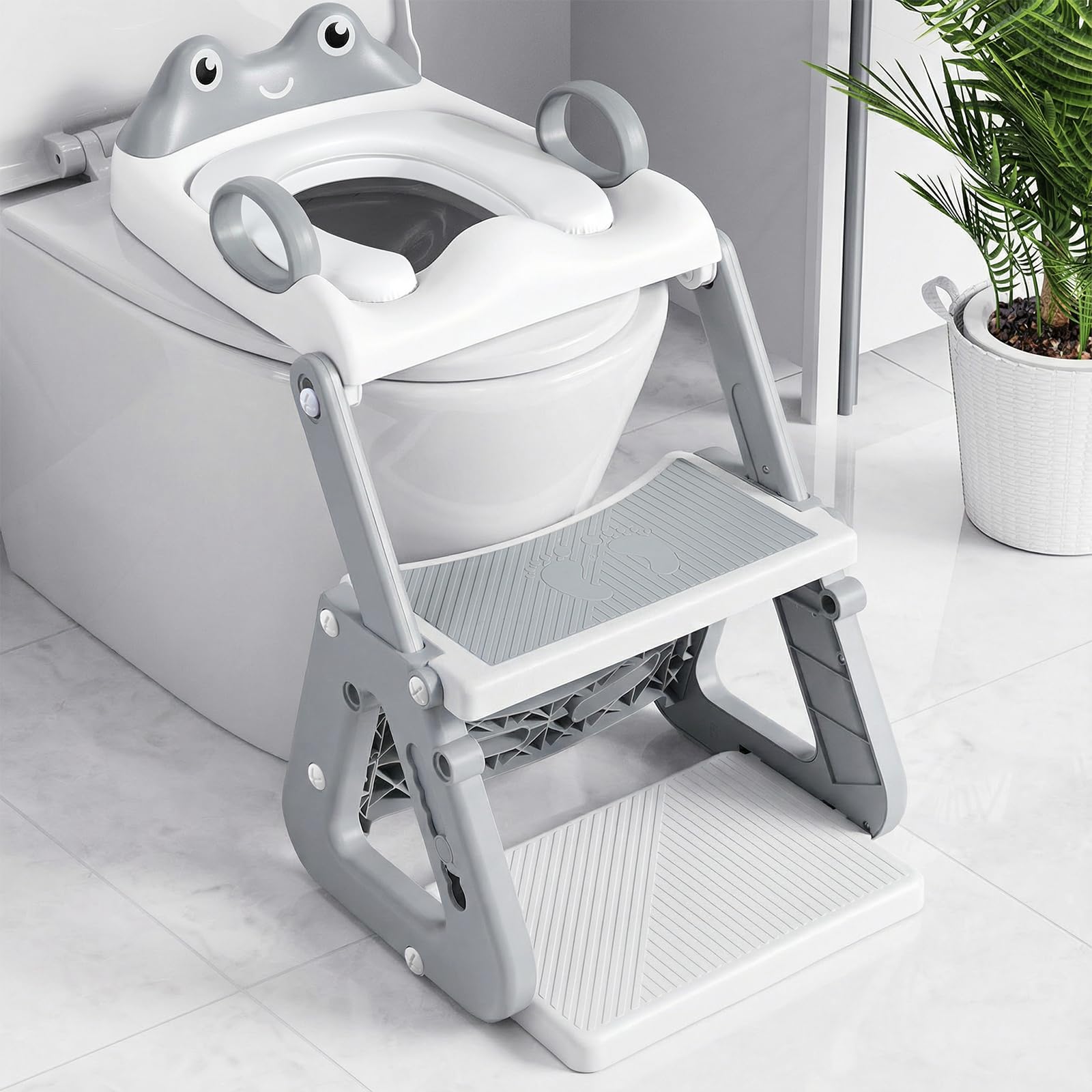 Riduttore Wc Bambini - Upgraded Riduttore Wc 2 in 1 - Struttura a Triangolo | Pedale Allargato | Paraspruzzi Estesi | Cuscino Morbido | Manico Allargato - Antiscivolo Pieghevole Leggero - Grigio Rana