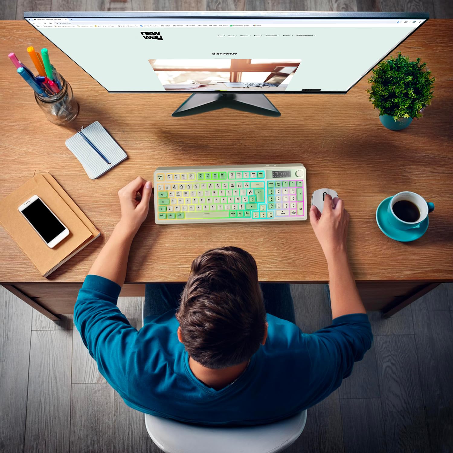 NEWWAY NK251 – Clavier sans Fil Rechargeable Affichage LCD Numérique Molette Multifonction - AZERTY français – Triple Mode (WiFi 2.4 GHz, BT, USB-C) - Récepteur USB au Dos