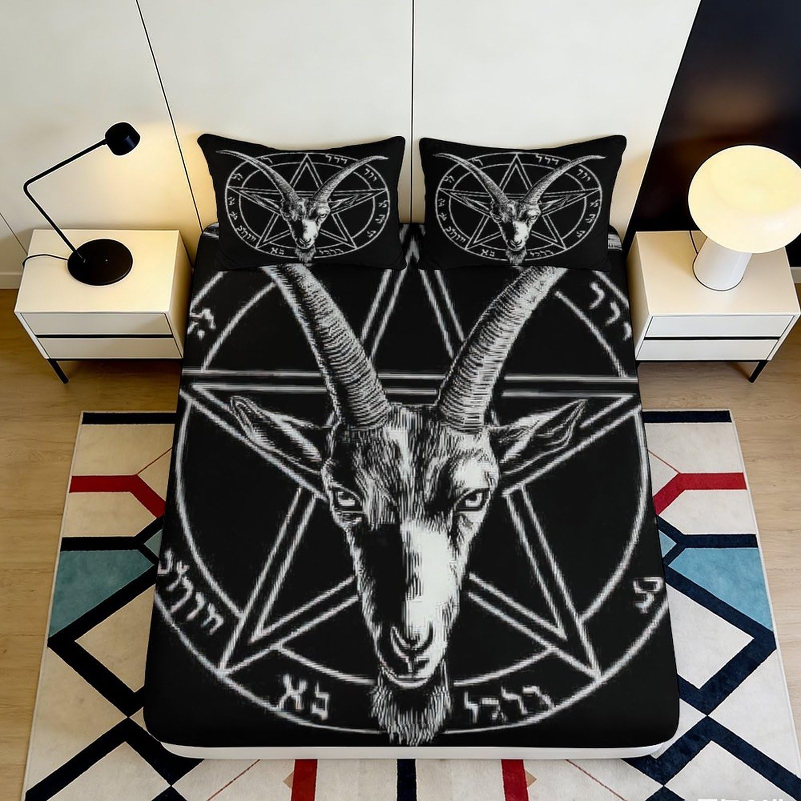 3D Printed Goat Pentagram Fitted Sheet Microfiber Anti-Slip Bed Cover for Bedroom Dorm Mattress Protection Decor 200x200x25cm