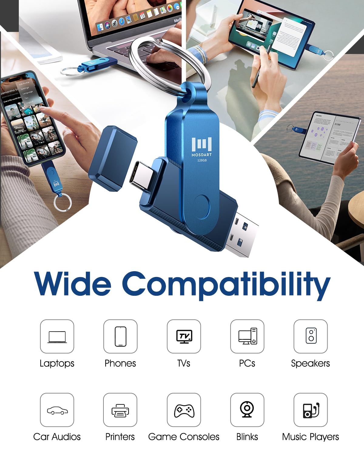 MOSDART Unidad flash USB C dual de 128 GB, velocidad de hasta 150 MB/S, unidad de pulgar tipo C 3.1 con llavero e indicador LED, para iPhone 15, 16, 17, teléfono Android, iPad, MacBook y portátiles