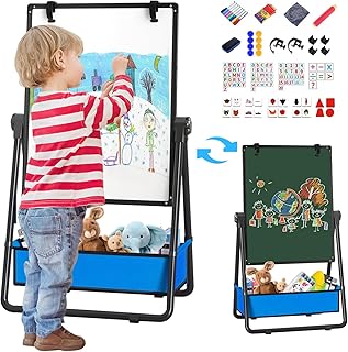 Kids Easel Double-Sided Art Easel with Paper Clip Height Adjustable Whiteboard & Chalkboard 360°Rotating Standing Art Easel for Kids Gift for Boys and Girls (Black)