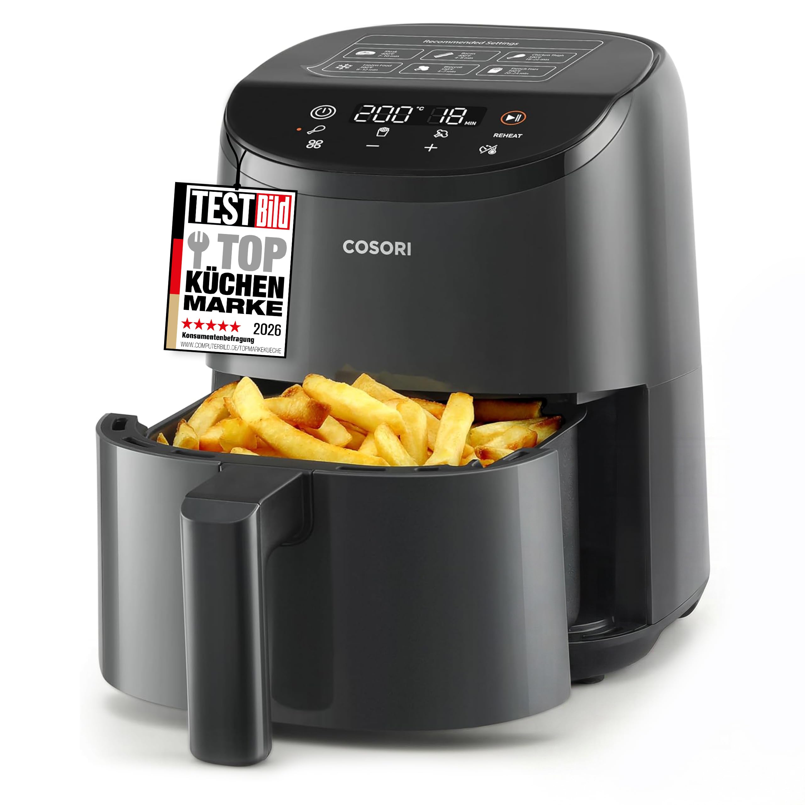COSORI Heißluftfritteuse klein 2L, Mini-Airfryer für 1 Person, ideal für Camping, Reisen und Wohnmobile, schnell, kompakt, ohne Öl, energiesparend, Helles Schwarz, Dunkelgrau