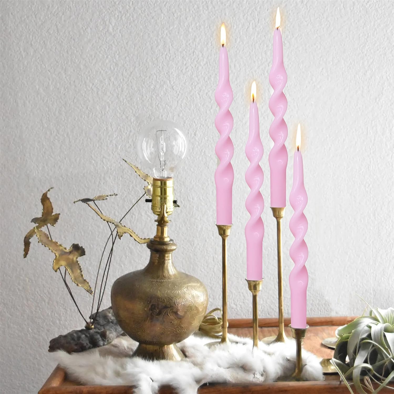 8pcs Brown and Pink Spiral Taper Candle Pink Candlesticks - Brown Long Candle Sticks Unscented Pink Tapered Candles for Home Décor Weddings Festive Seasons Holiday