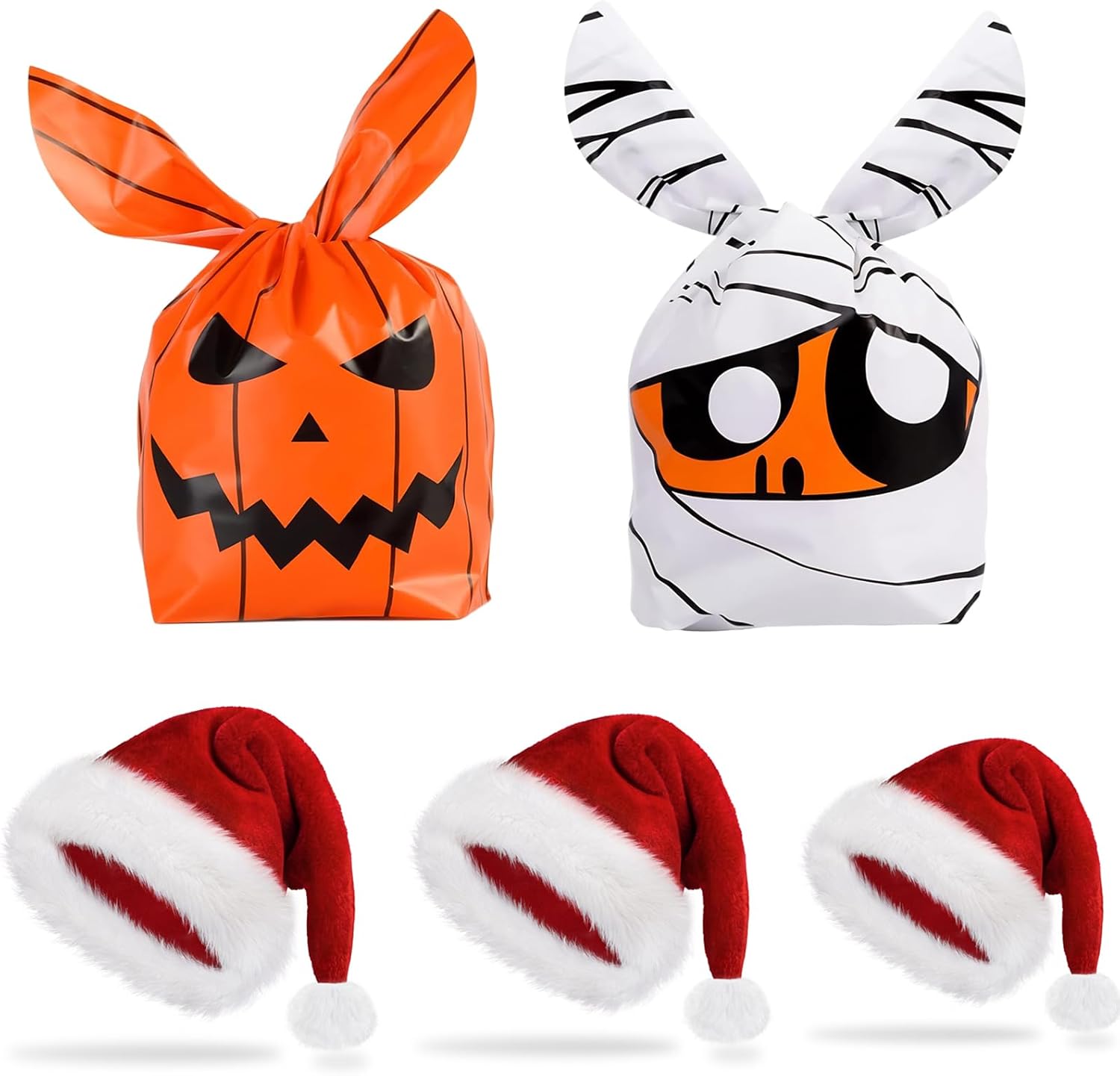 100 PCS Halloween Treat Bags Candy Bags, Santa Hat for Adults Kids and Baby Christmas Holiday Velvet Plush Luxury Santa Claus Hat