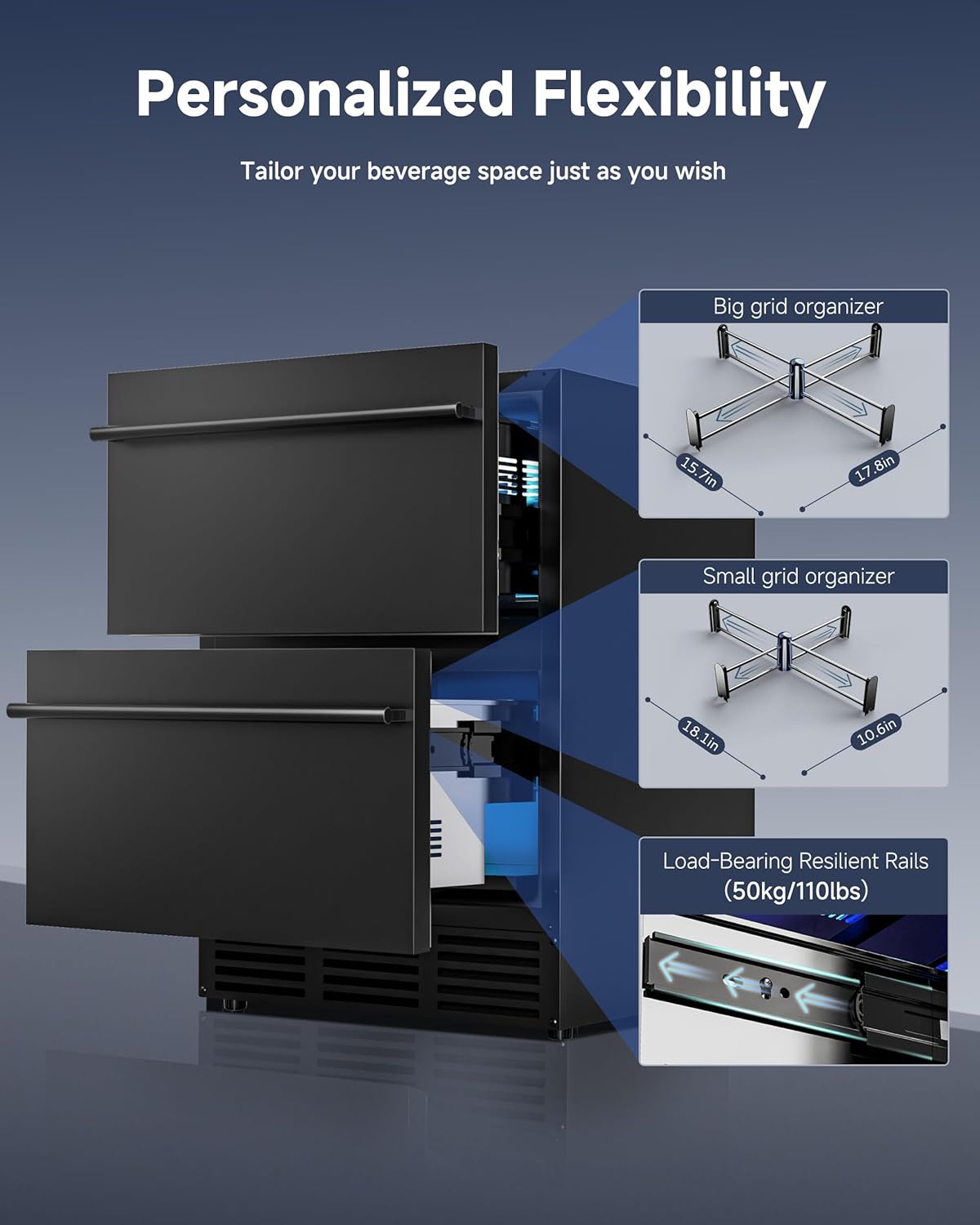 24 Inch Under Counter Drawer Fridge, Outdoor Refrigerator with Dual Drawers, Stainless Steel Door, 98 Cans Beverage Refrigerator for Home & Commercial, 37℉-65℉ (Black)