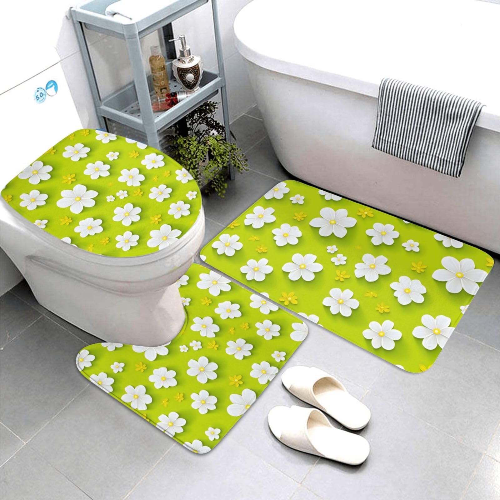 Tapis de salle de bain absorbant floral blanc : lot de 3 antidérapants et lavables