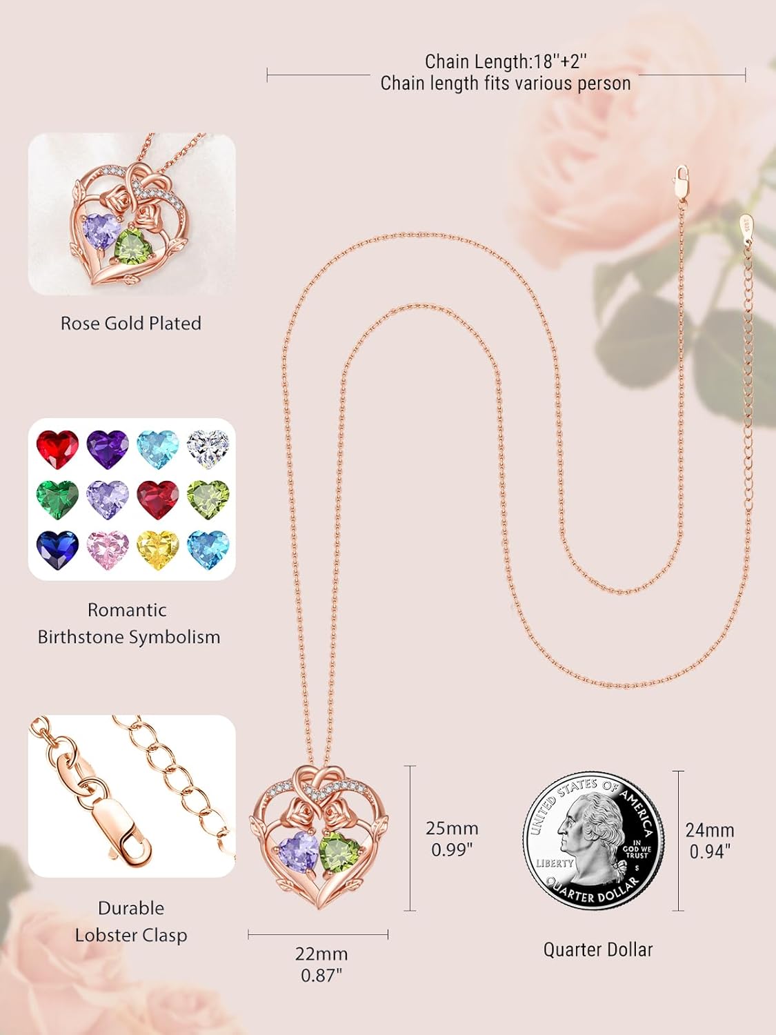 Rose Gold Necklaces for Women Double Birthstone Rose Flower Heart Pendant Necklace Jewelry Anniversary Christmas Valentine's Mother's Day Birthday Gift for Wife Mom Her Girlfriend Sister - Image 3