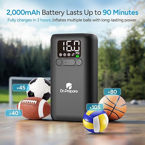 Miniatura 3 de Dr.Prepare Bomba de aire portátil, inflado rápido con pantalla de presión, 16 PSI, apagado automático, luz LED, para pelotas deportivas, anillo de