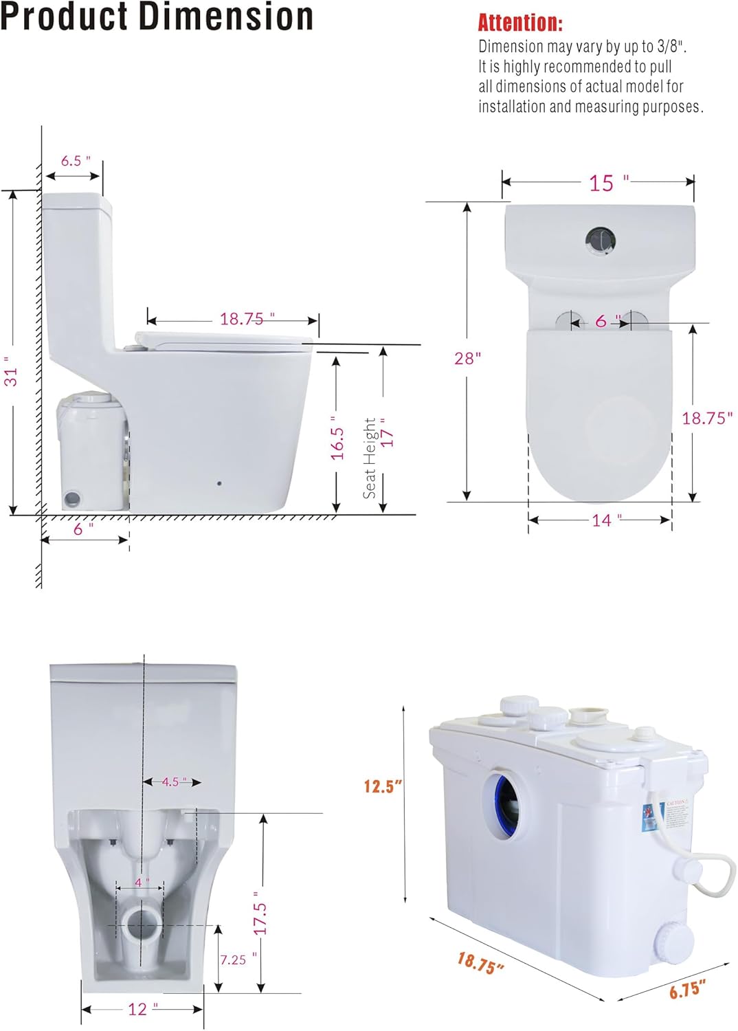 WinZo Macerating Toilet System dimensions diagram