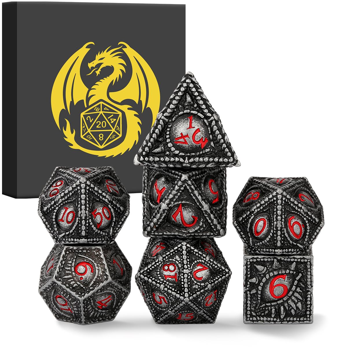 Metal Dice Set, Dragon Eye Theme, 7pcs Polyhedral Metal DND Dice Set, DND Starter Set, D&D Gifts with Gift Box, Role Playing Board Games Accessories, Red Black Silver