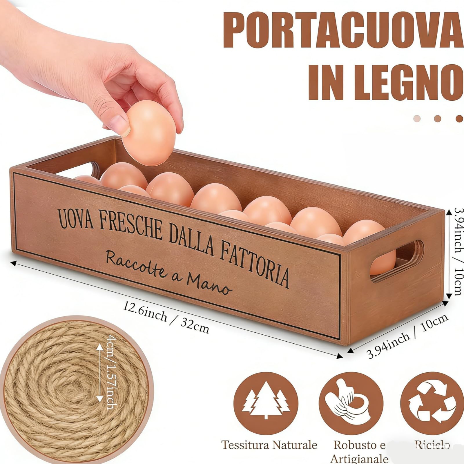 Espositore Portauova in Legno, Portauova Fresche Verticale, Cesto Portaoggetti Rustico da Cucina, per Uova di Pasqua, Pollo, Anatra, Quaglia, Onaugurazione della Casa, 32 x 12,5 x 7,5 CM
