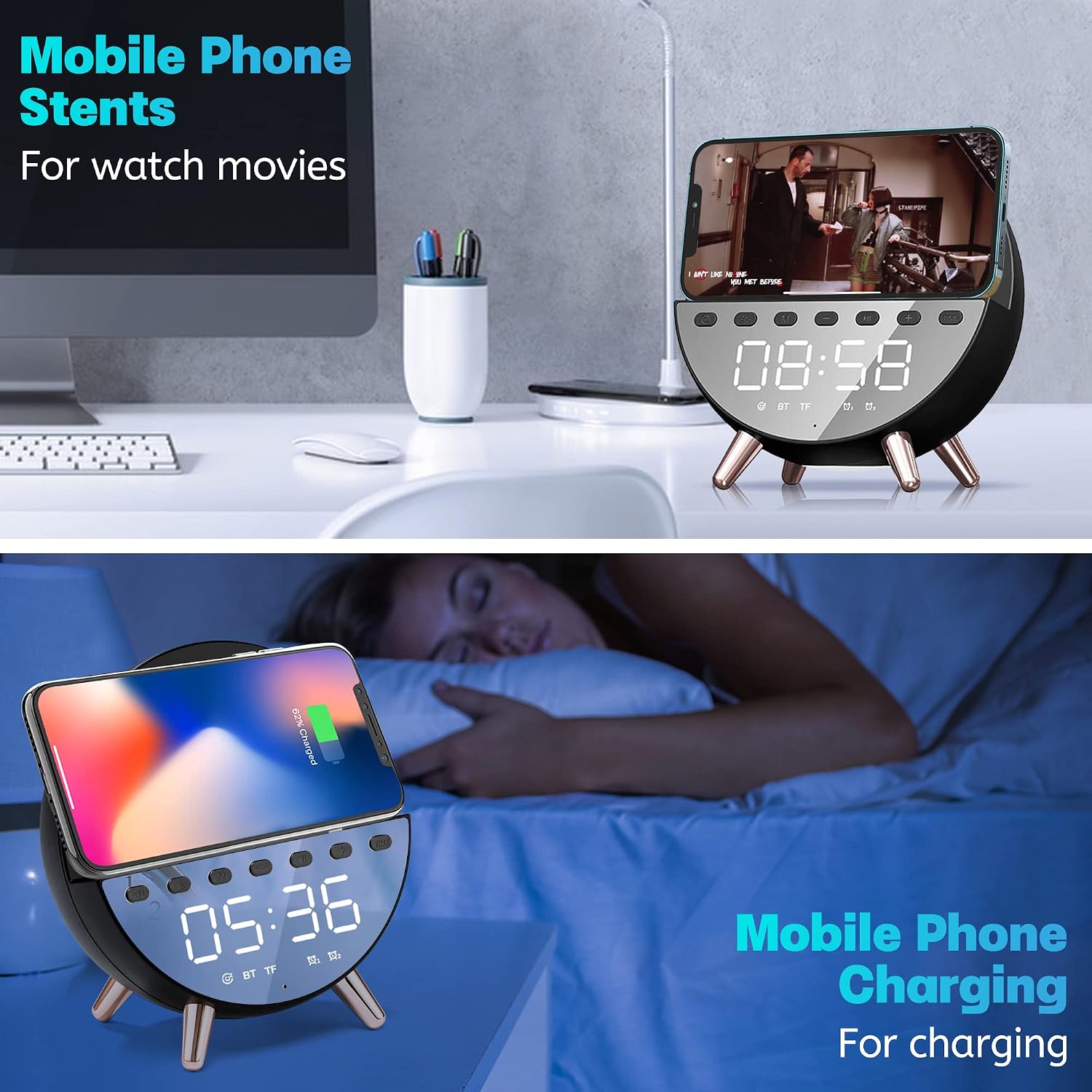 Alarm Clock, Radio Alarm Clock with Wireless Charging, USB Port, Mains