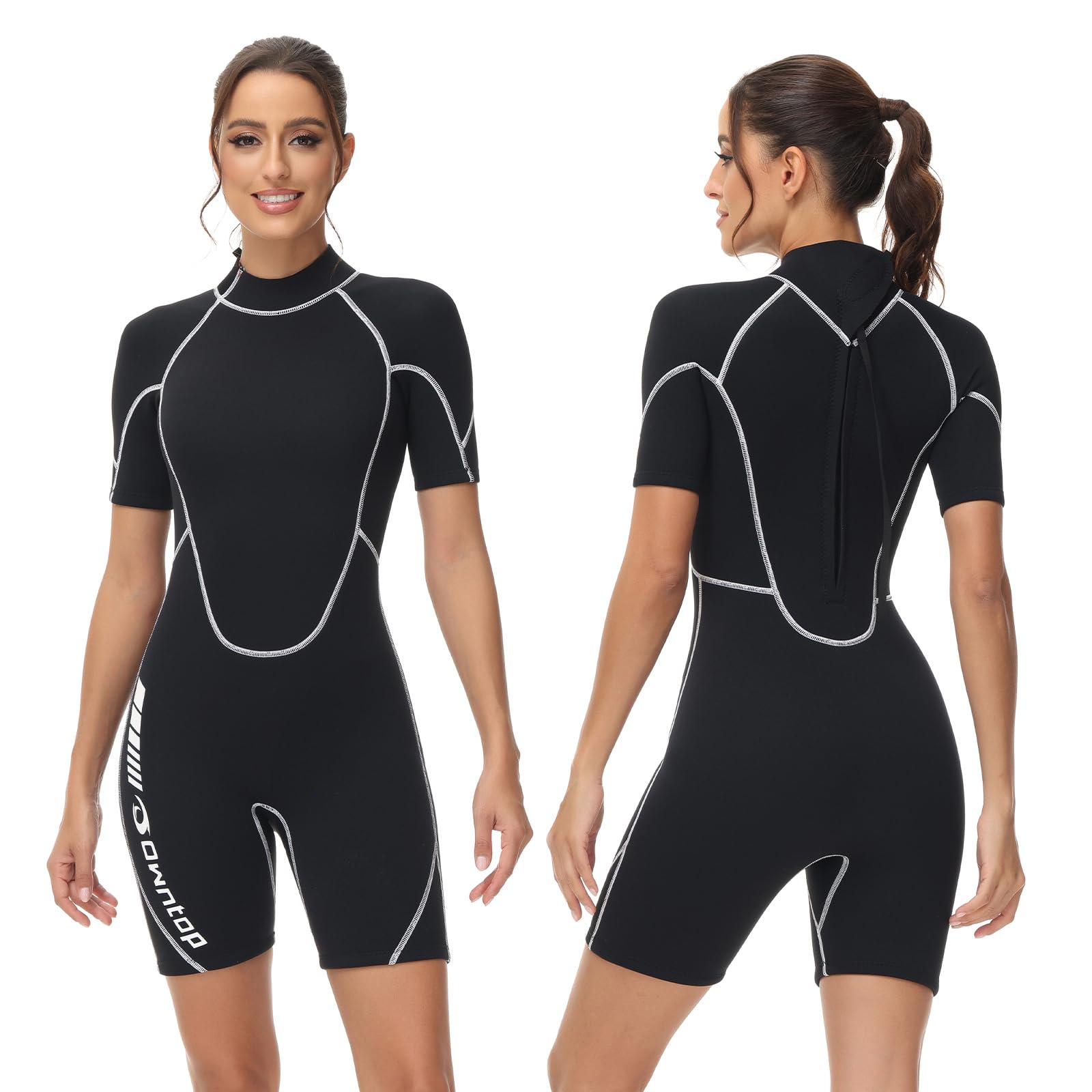 Owntop Combinaison Shorty 3/2mm Femmes - Combinaison de Plongée à Fermeture Éclair Arrière pour Plongée Surf, Manches Courtes Néoprène Extensible pour Sports Nautiques, Femme Noir L