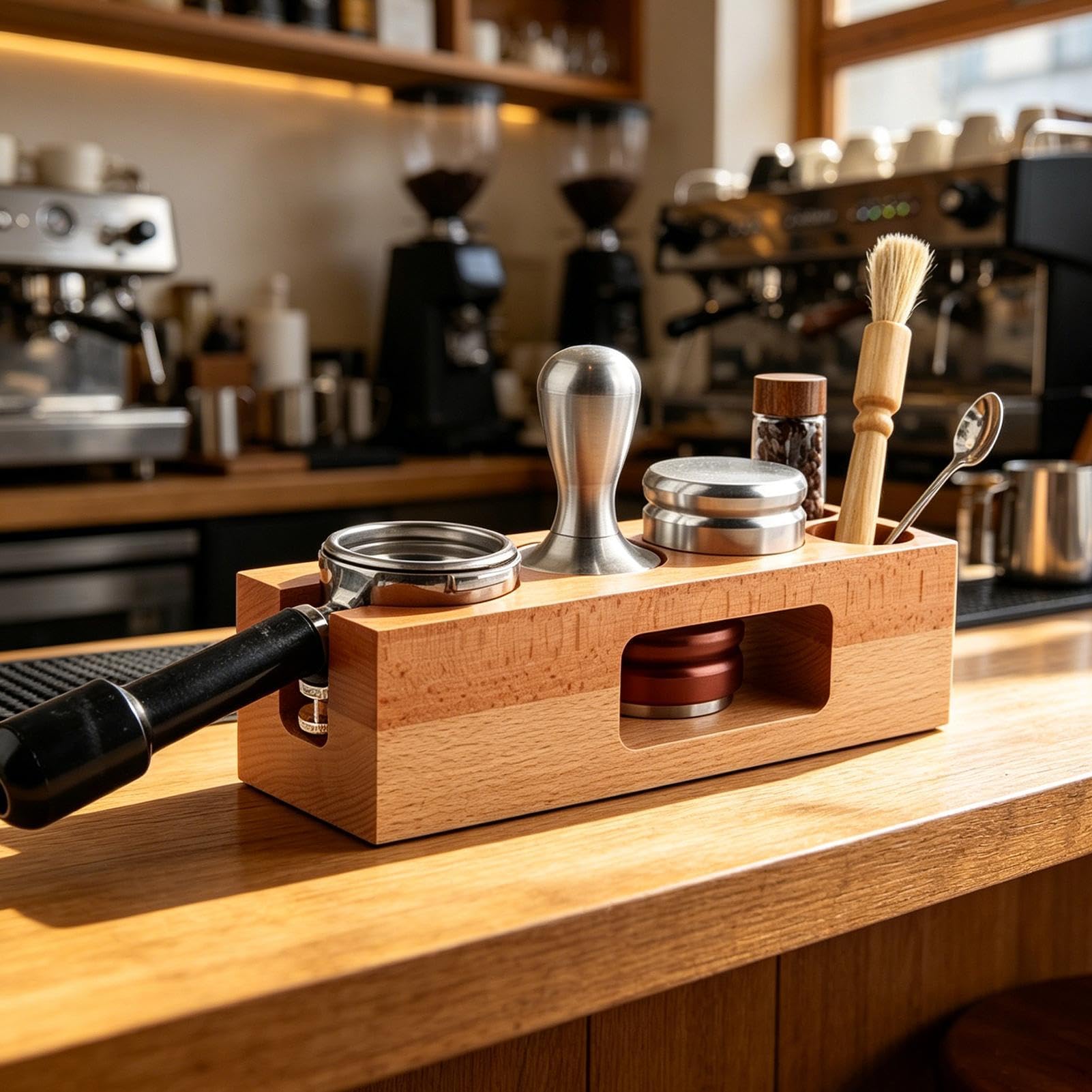 Espresso Estación de Sellado Organizador de Madera Natural de 58 mm