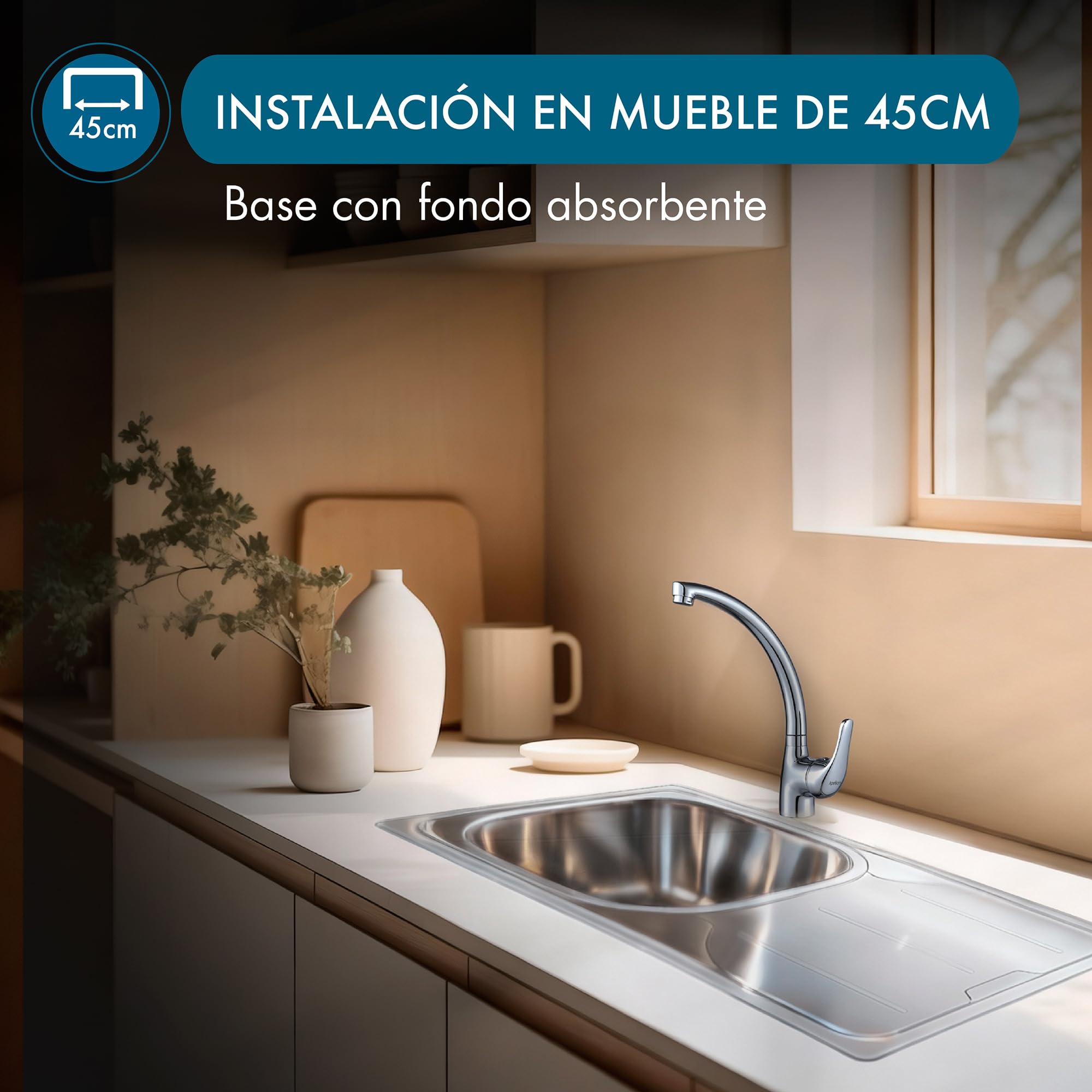 Apelson Fregadero Sobre Encimera ACE 34R, 76x43,5cm, Profundidad 15 cm, Grosor 0,5 mm, Instalación en mueble de 45cm, Accesorios incluidos, Acero Inoxidable