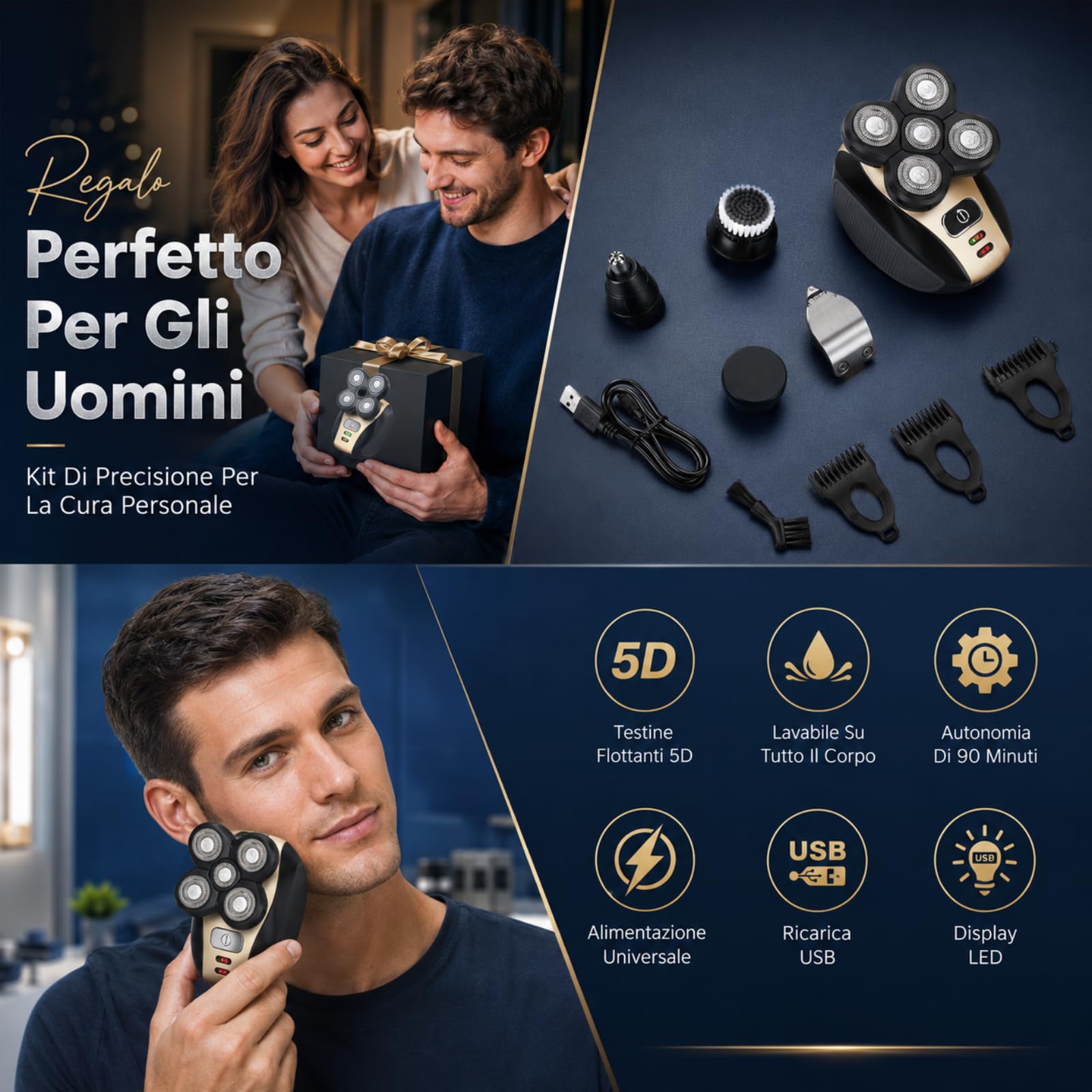 Flex Series Shaver Kit Rasoio Testa Calva Tagliacapelli A Zero Rasoio Elettrico 7D Lame Flessibili Rasatura Precisa Per Uomini Cura Della Barba E Del Viso (Singolo)
