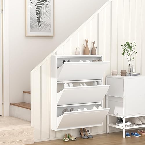 Miniatura 6 de GREATMEET Armario de zapatos con 3 cajones abatibles, armario de entrada de metal para zapatos, almacenamiento para entrada, moderno zapatero