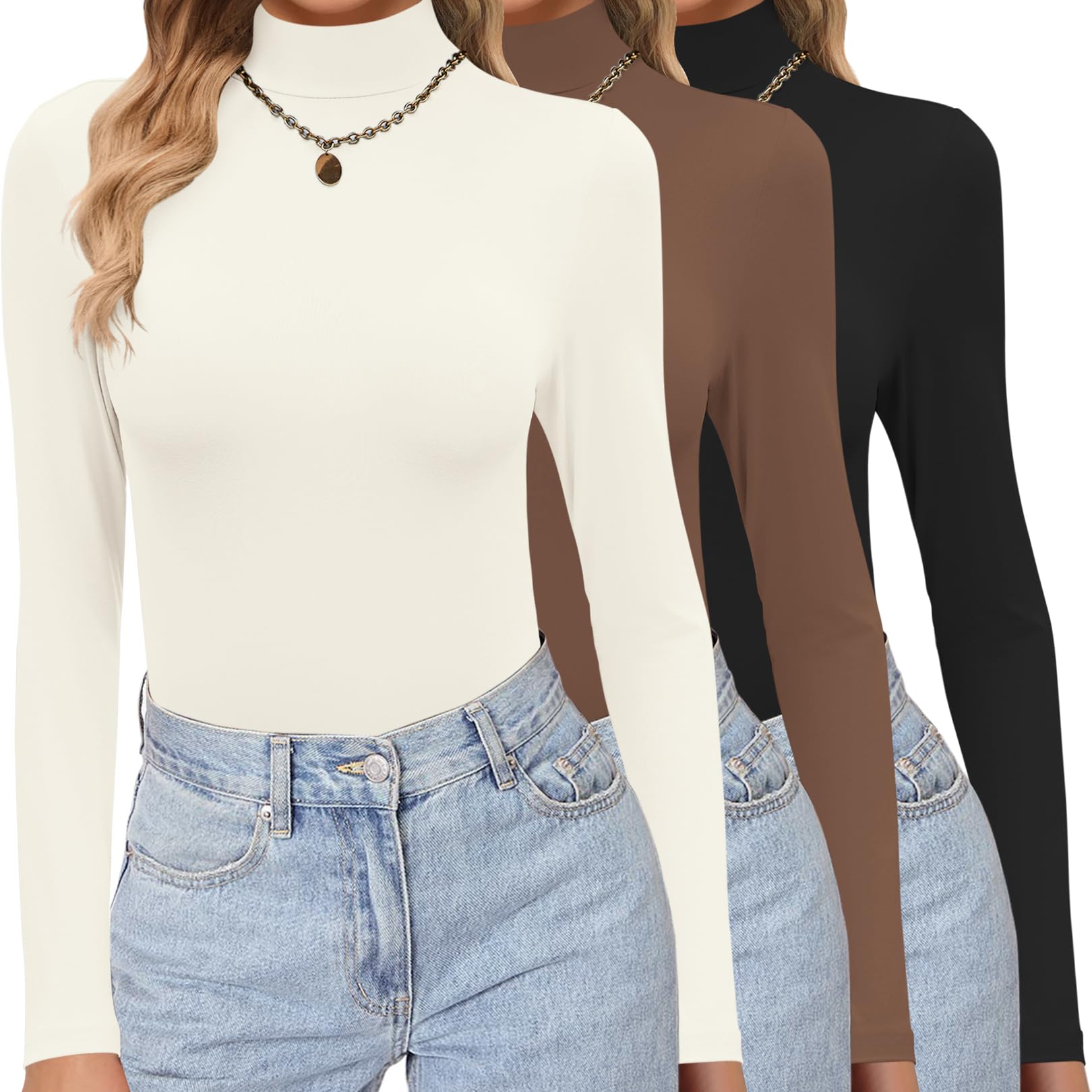 Ekouaer Donna Confezione da 3 Maglie Termiche a Maniche Lunghe con Collo Alto Elasticizzate Aderenti T-Shirt XS-XXL