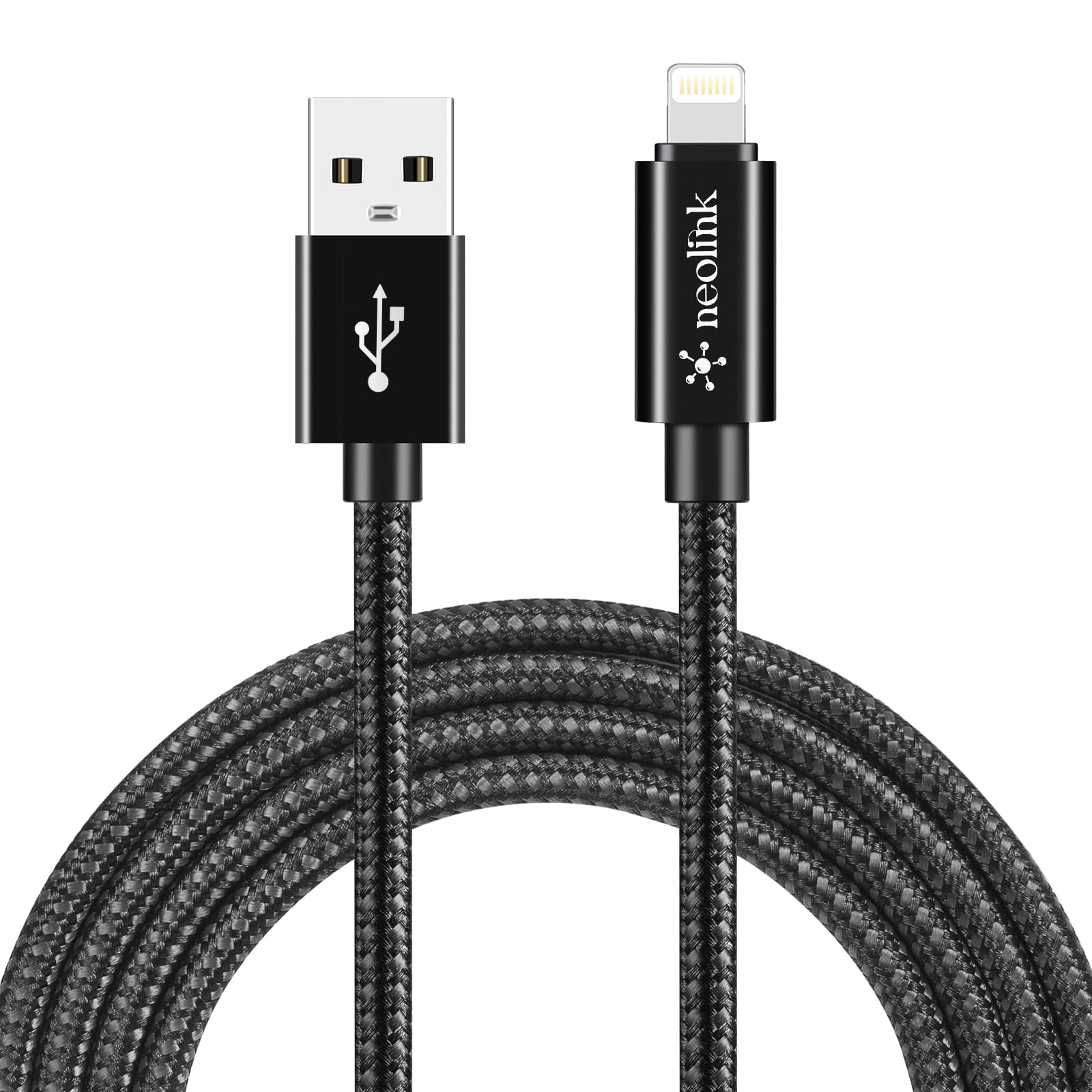 neolink Heavy Duty Nylon Braided 20W 2.4A Type A to Lightning 480Mbps High-Speed Data Transfer Cable, RoHS Certified Fast Charging Cords Compatible with iPhones/Airpods/Car Chargers - Black