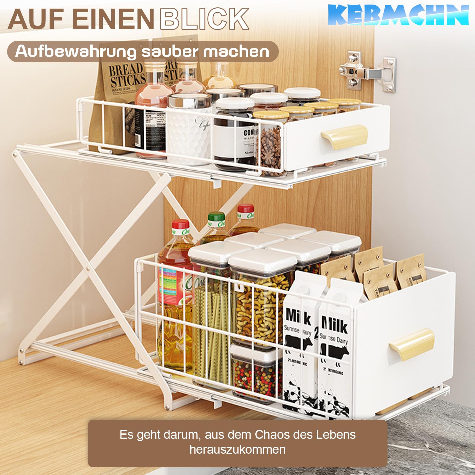2 Etagen Gewürzaufbewahrung, Schubladen unter dem Waschbecken, Weiß | Metall Gewürzregal, Anhebbares Schrank Organizer küche, Putzmittel Organizer, Höhenverstellbar, 40 * 26 * 43CM,1 Stück