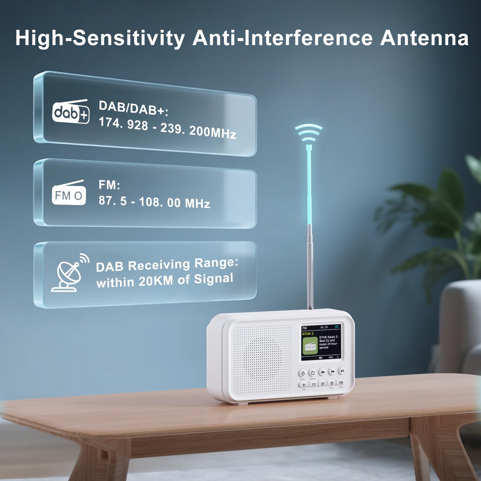 ROCAM Portable DAB/DAB+/FM Radio 3000mAH Rechargeable Battery & Mains Powered, 2.4" Digital DAB Radio with Bluetooth 5.0 & Hi-Fi Speaker, 40 Presets Stations, TF Card Support, Dual Alarms, EQ Modes - 4