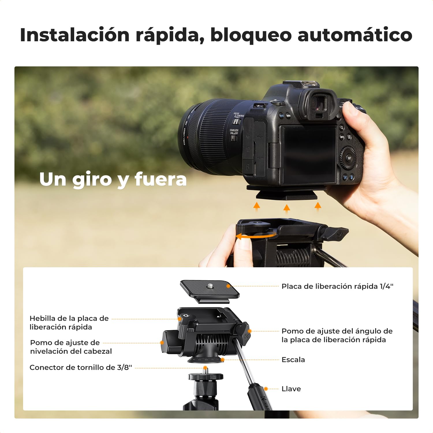 K&F CONCEPT Trípode Cámara 196cm | Cabezal Giratorio de 3 Vías, Inclinación +100°/-70°, Carga 4kg, Con Soporte para Teléfono, O234A3+BV01