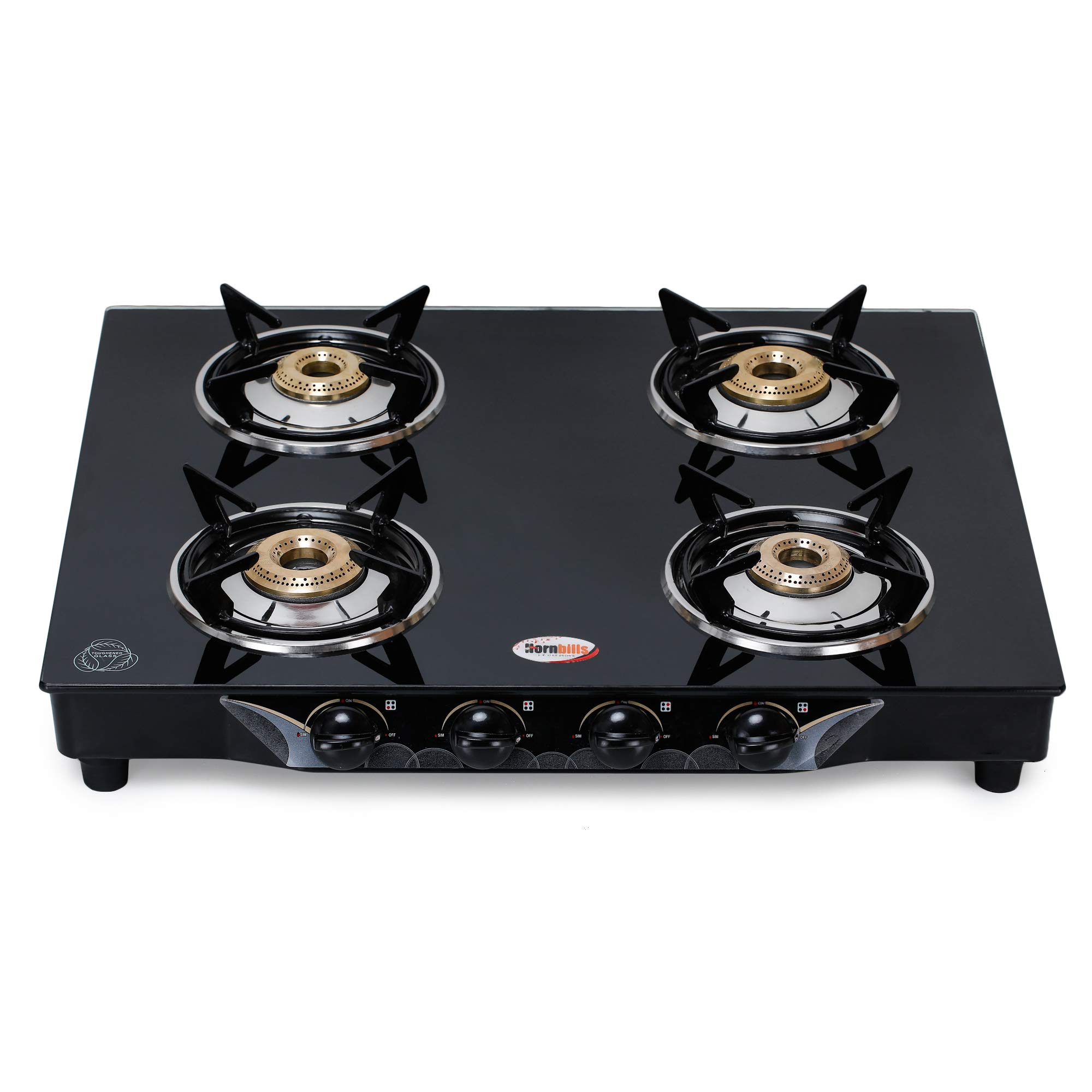 HORNBILLS LPG Premium Toughened Glass Stainless Steel Manual Ignition 4 Brass Burners Gas Stove 1 Year Warranty By Hornbills Appliances