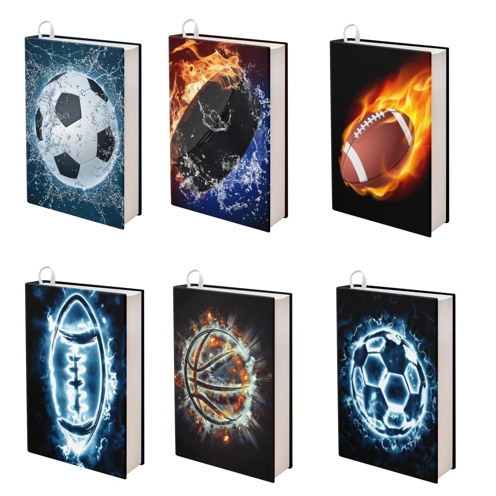 Rnyleeg Stretchable Book Cover Fits Most Hardcover Textbooks 9" x 11" and Larger,Jumbo Book Sleeves,School Supply for Students,Sport Theme Fire and Water Soccer,Football