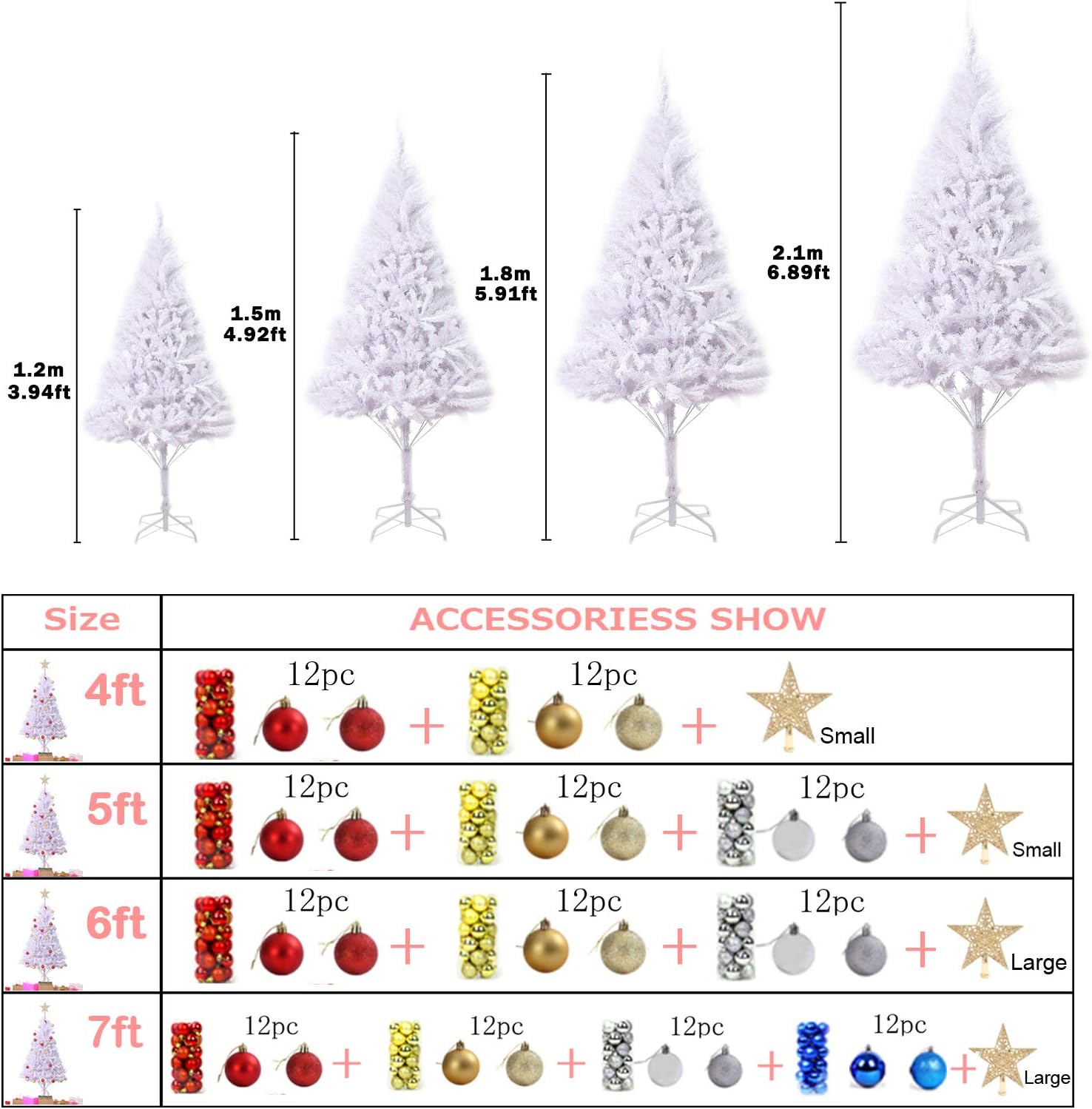 4ft/5ft/6ft Premium PVC Artificial Christmas Tree, with Christmas Tree Ornaments and Star Topper, for Xmas Holiday Home Indoor Outdoor Decoration, Foldable Metal Stand (White,6ft)