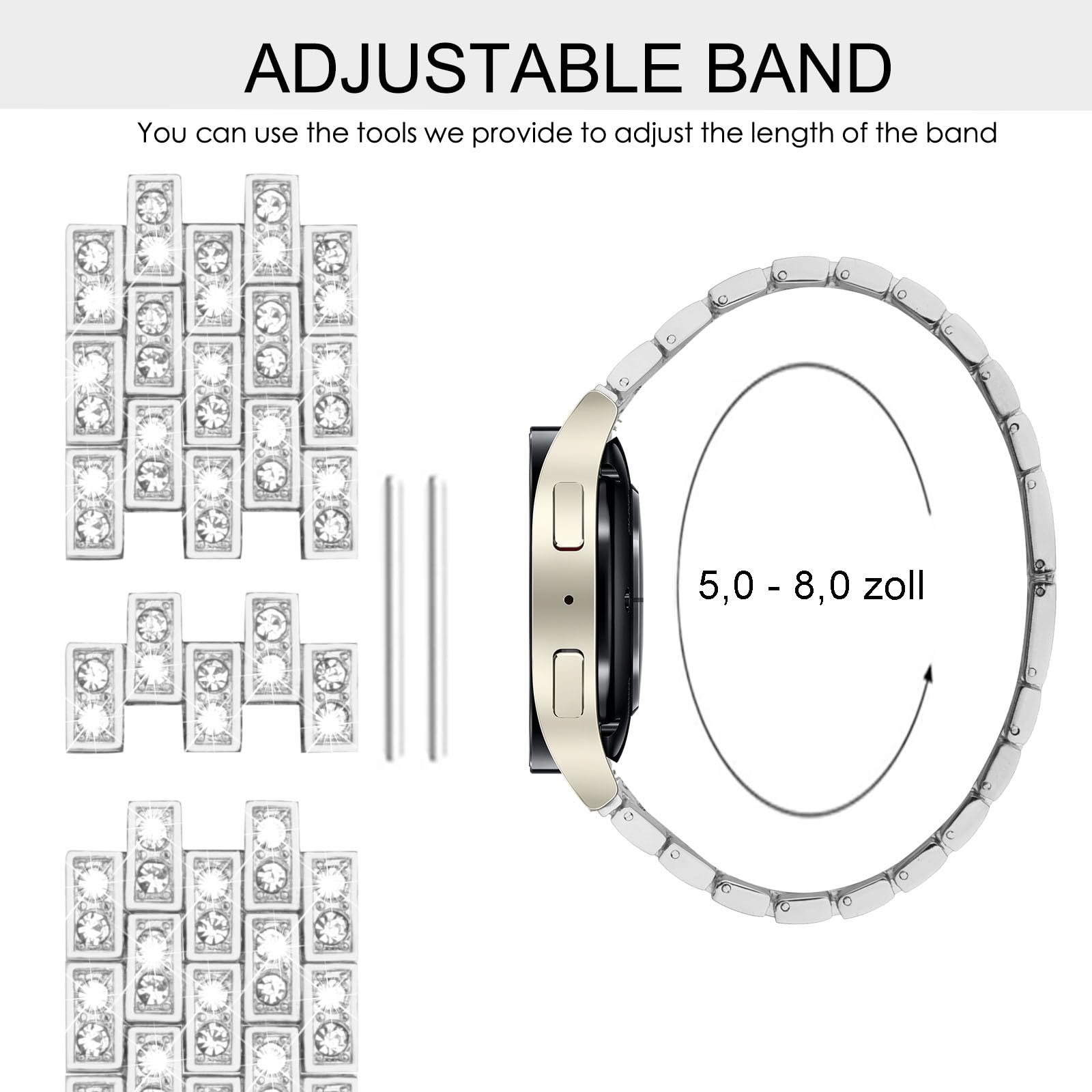 VISOOM 20mm Uhrenarmband kompatibel mit Samsung Galaxy Watch 7/6/5/4/FE Armband 40mm 44mm Damen, Glitzer Strass Bling Diamant Metall Armband für Galaxy Watch 4/6 Classic, Silber