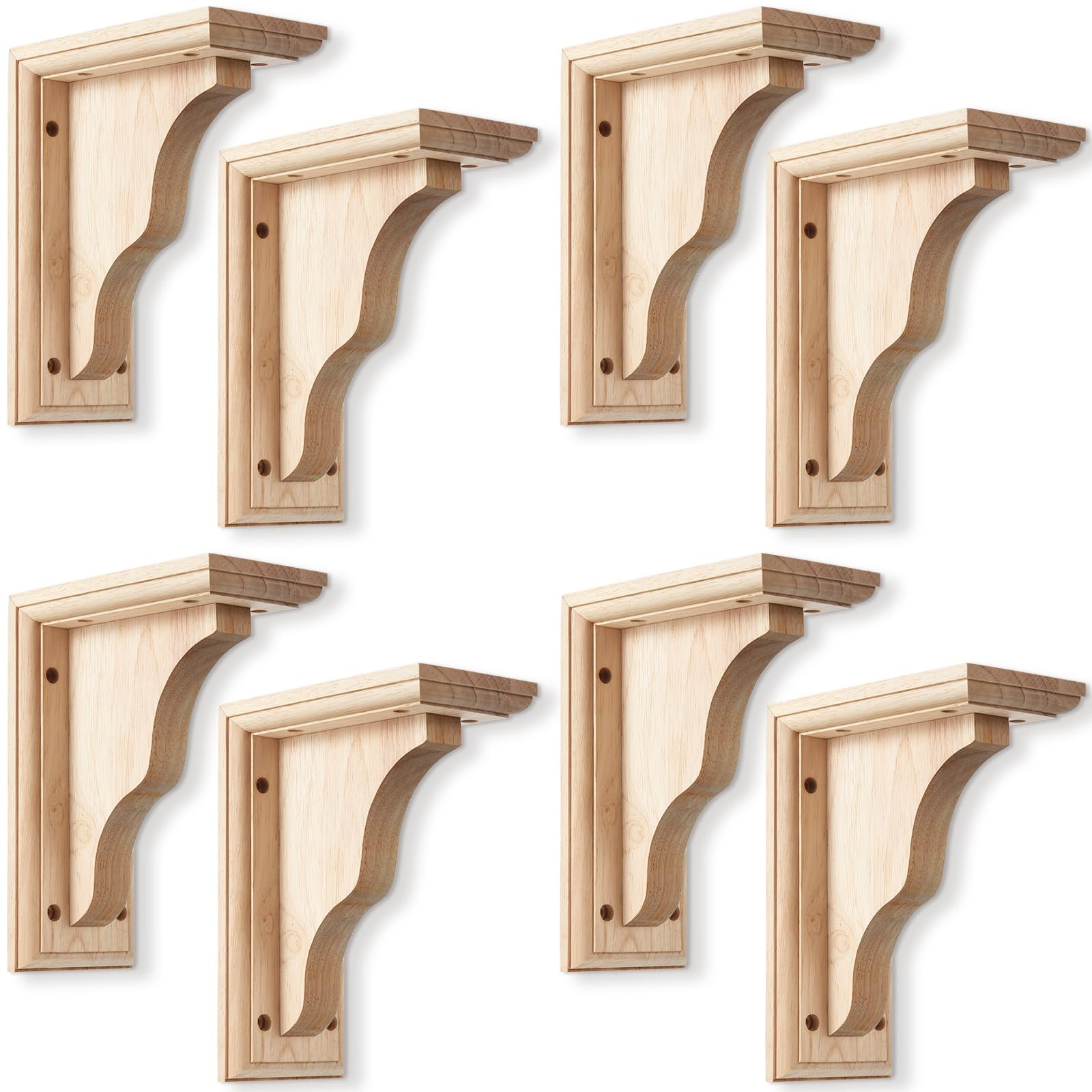 Briwooody 8 Pcs Traditional Wood Corbels Decorative Wooden Brackets Unfinished Solid Rubberwood Shelf Bracket for Doorway Countertop Kitchen Cabinet Book Shelves (3 1/2" W X 7" D X 9" H)
