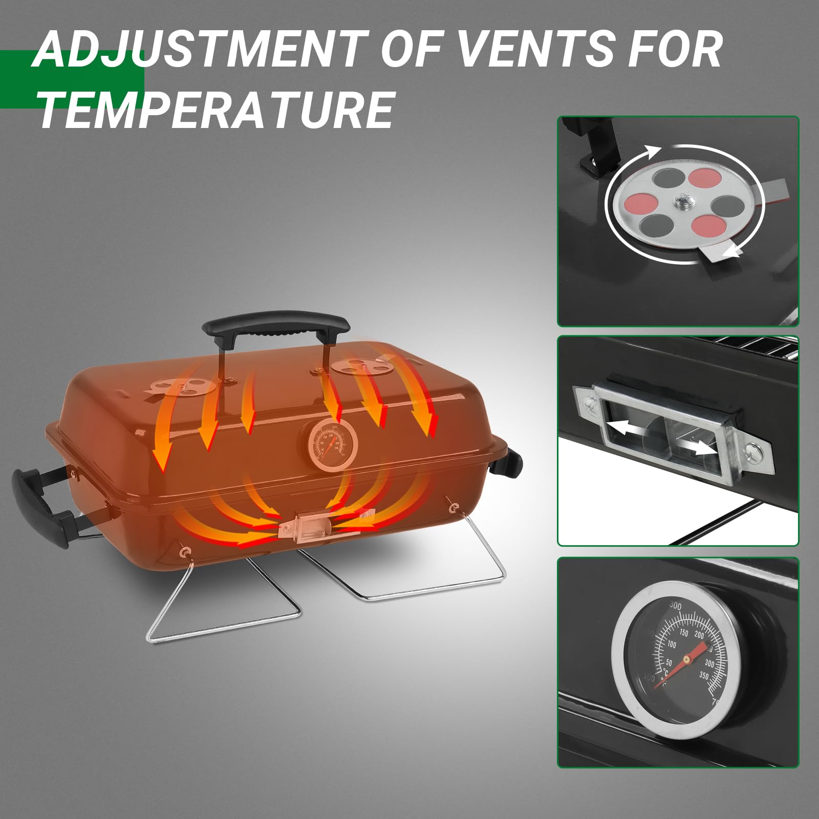 Portable Charcoal Grill, Tabletop Outdoor Barbecue Smoker, Small Folding BBQ Grill with Lid, Thermometer, Stainless Steel Legs for Camping Garden Party Picnic Cooking, Black - 3