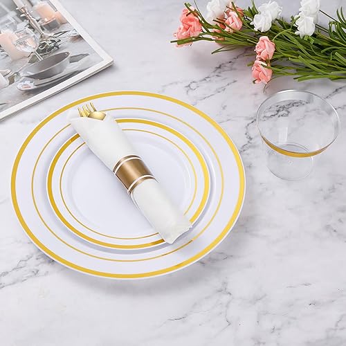 Miniatura 6 de Goodluck Paquete de 50 cubiertos de plástico dorado preenrollados, juego de cubiertos de plástico envuelto con servilleta que incluye 50 tenedores,