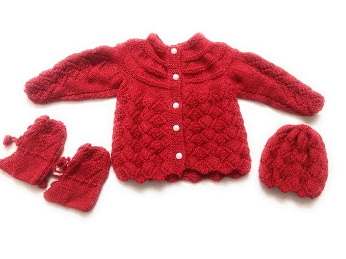 Jain Traders - Hand Made Born Baby Vardhman Woolen Knitted Baby Sweater Set (3Pcs Suit) for Baby Boys or Girls