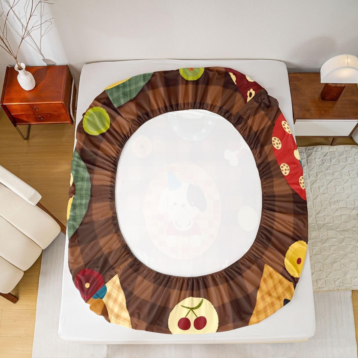 Puppy Rabbit Fitted Sheet Twin Size Brown Checkered Cupcake Bedding Set 2Pcs Retro Cartoon Party Animal Bed Sheet for Kids Boys Girls Teens Room Decor Kawaii Pets,Deep Pocket Sheet(No Flat)