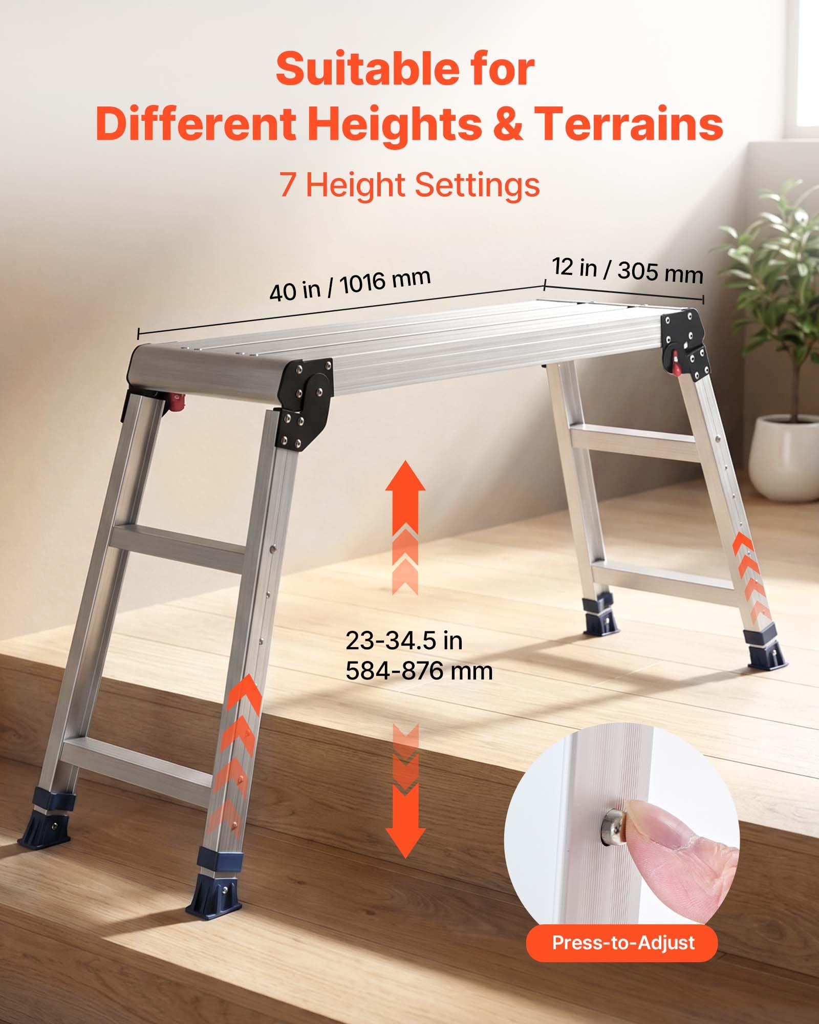 VEVOR Piattaforma di Lavoro Pieghevole Altezza Regolabile 58,4-87,6 cm, Pedana da Lavoro Portatile, Piano in Alluminio 101,6 x 30,5 cm, Portata 226,8 kg, Superficie Antiscivolo, per Casa e Officina