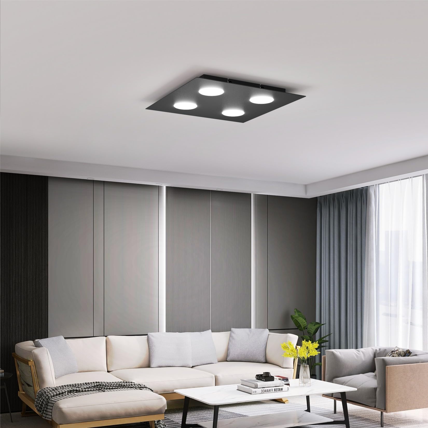 Klighten Plafoniera Soffitto con 4 Attacco GX53, Lampada da Soffitto Quadrata In Ferro, Faretti Soffitto per Soggiorno Cucina Corridoio Camera da Letto, 40 x 40 cm, Nero, Lampadina Non Inclusa