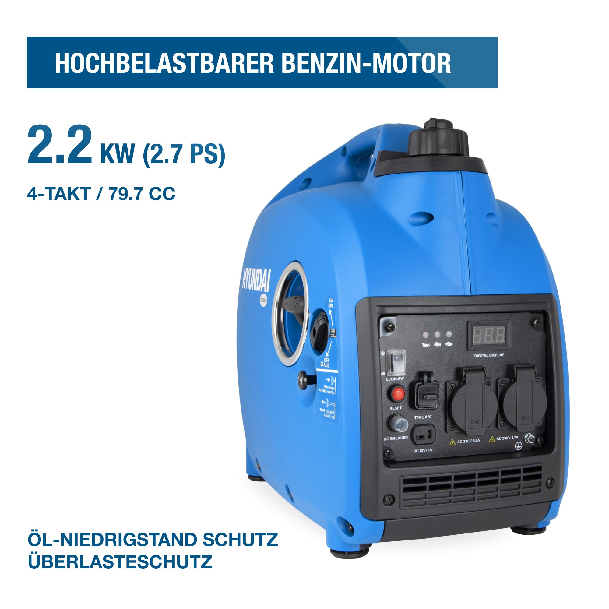 HYUNDAI Inverter Stromgenerator HY2300Si D | Stromerzeuger mit 2.2 kW max. Leistung, Benzin Notstromaggregat, leise, leicht und sparsam