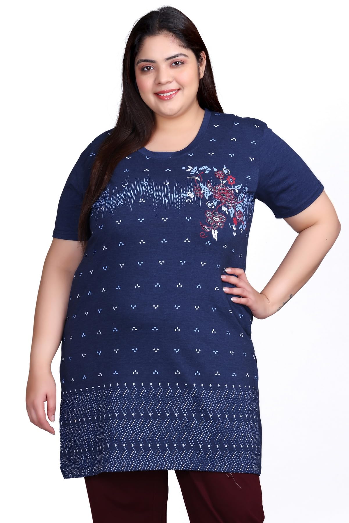 Women's Plus Size Longline T-Shirt with Ethnic Print, Side Slits Pockets